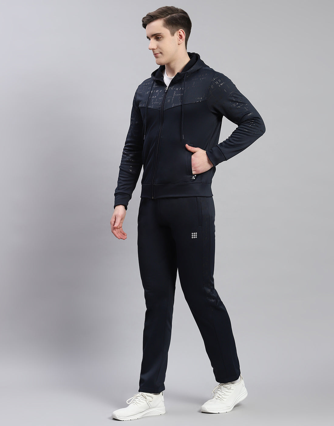 Rock.it Men Navy Blue Printed Hooded Full Sleeve Tracksuit