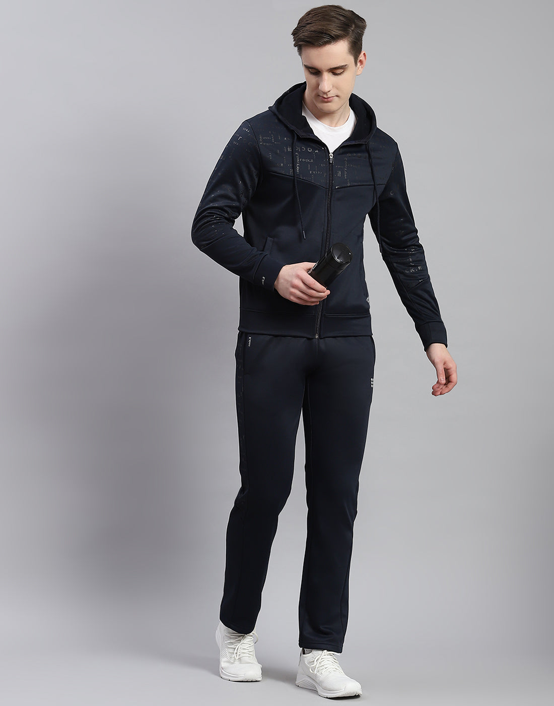 Rock.it Men Navy Blue Printed Hooded Full Sleeve Tracksuit