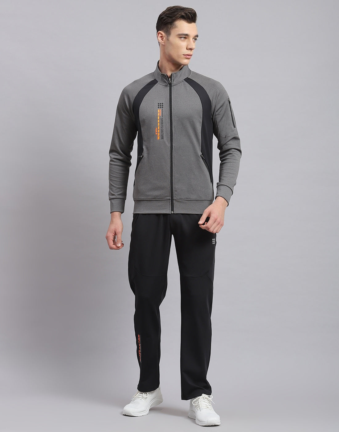 Rock.it Men Grey Solid Stand Collar Full Sleeve Tracksuit