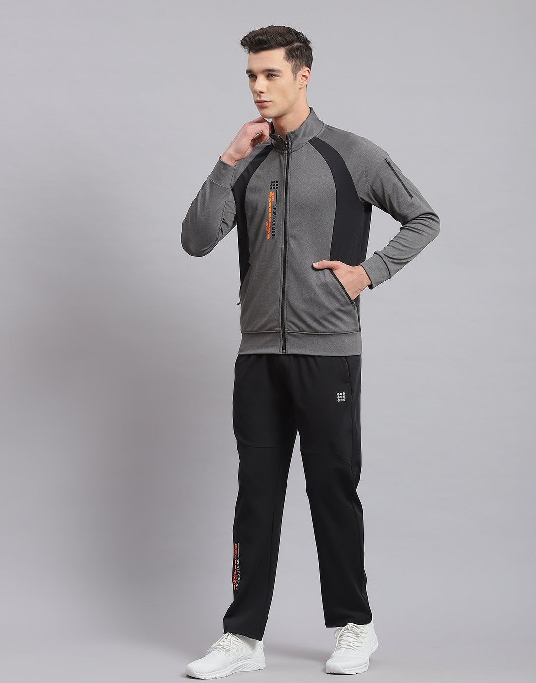 Men Grey Solid Stand Collar Full Sleeve Tracksuit
