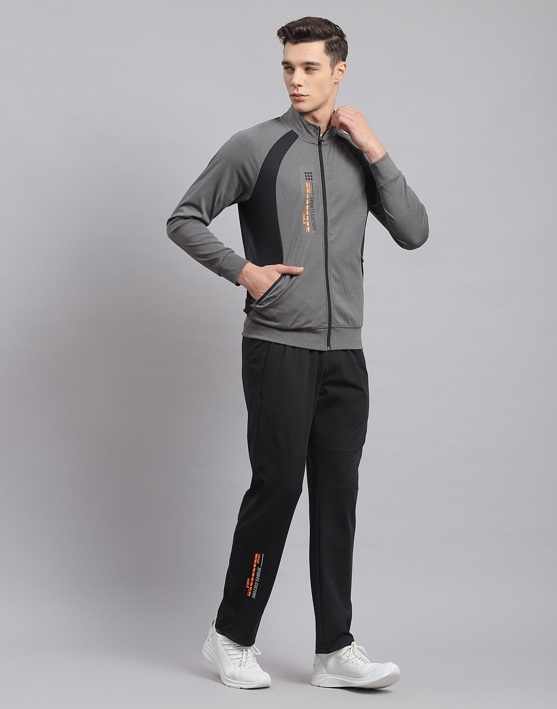 Rock.it Men Grey Solid Stand Collar Full Sleeve Tracksuit