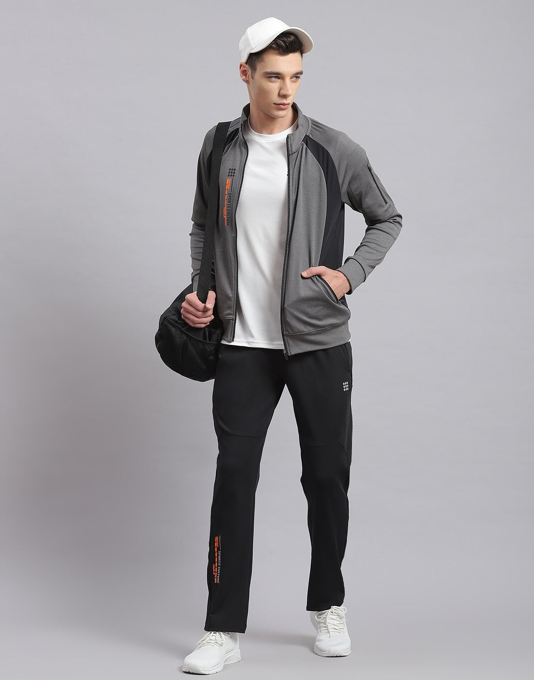 Rock.it Men Grey Solid Stand Collar Full Sleeve Tracksuit
