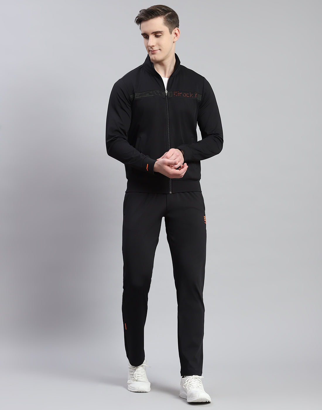 Rock.it Men Black Solid Stand Collar Full Sleeve Tracksuit