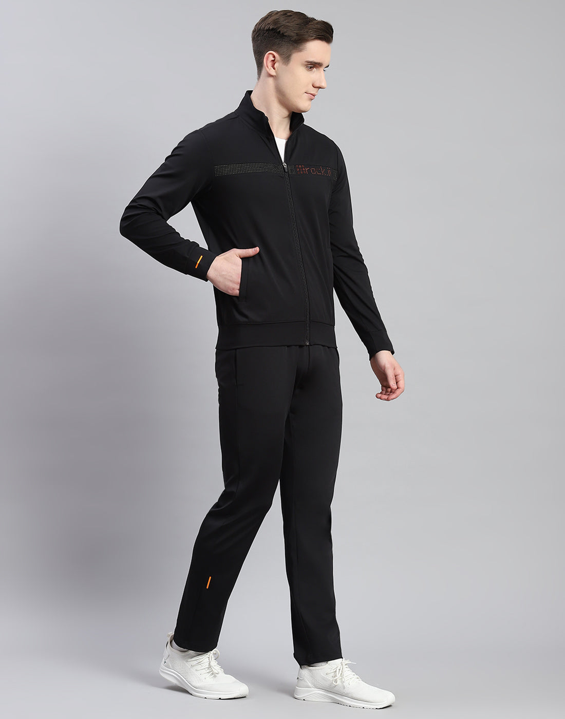 Rock.it Men Black Solid Stand Collar Full Sleeve Tracksuit