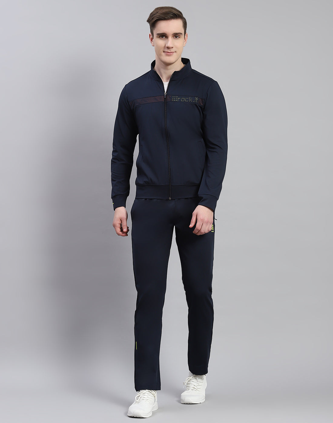 Rock.it Men Navy Blue Solid Stand Collar Full Sleeve Tracksuit