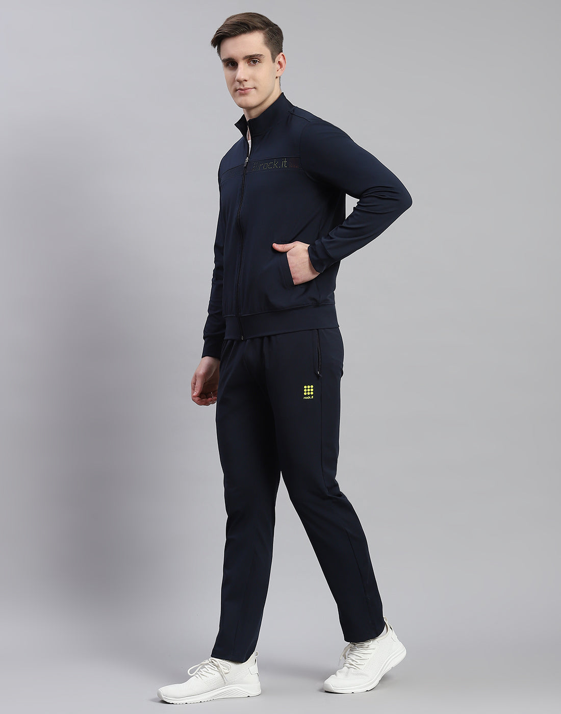Rock.it Men Navy Blue Solid Stand Collar Full Sleeve Tracksuit