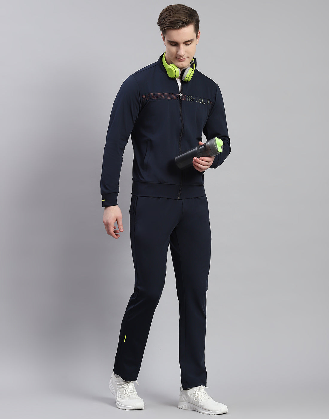 Rock.it Men Navy Blue Solid Stand Collar Full Sleeve Tracksuit