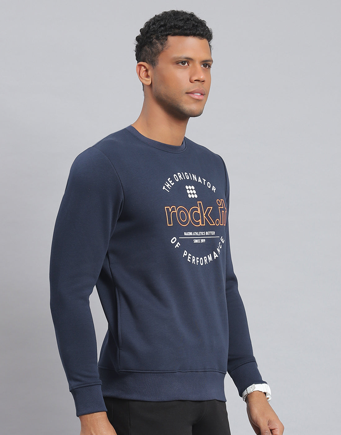Rock.it Men Navy Blue Solid Round Neck Full Sleeve Sweatshirt