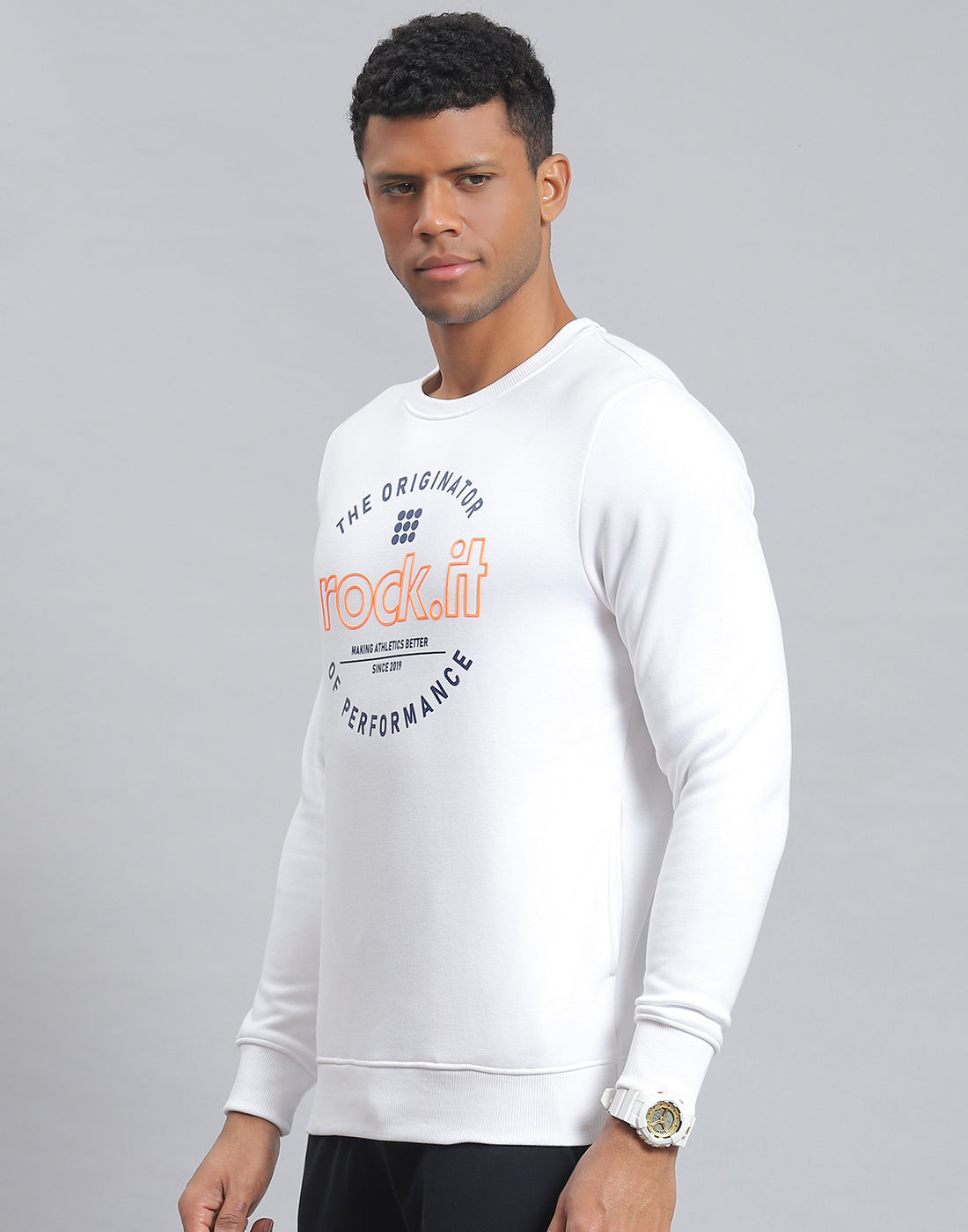 Rock.it Men White Solid Round Neck Full Sleeve Sweatshirt