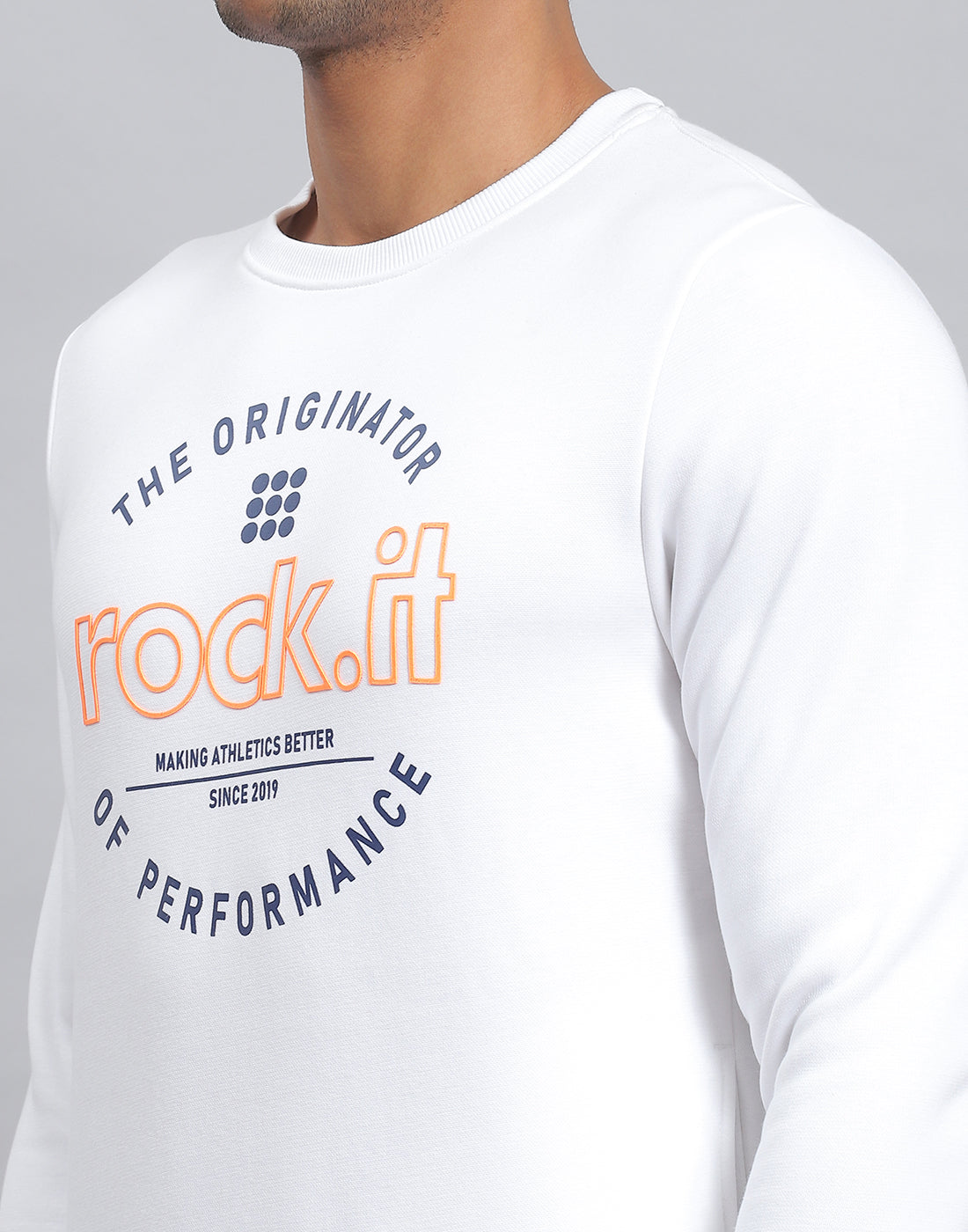 Rock.it Men White Solid Round Neck Full Sleeve Sweatshirt