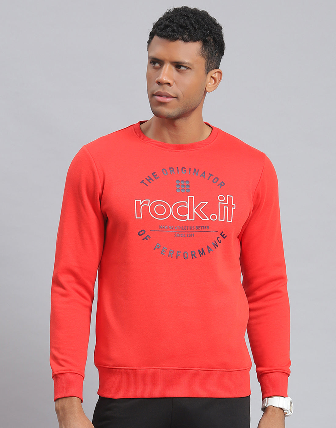 Rock.it Men Red Solid Round Neck Full Sleeve Sweatshirt