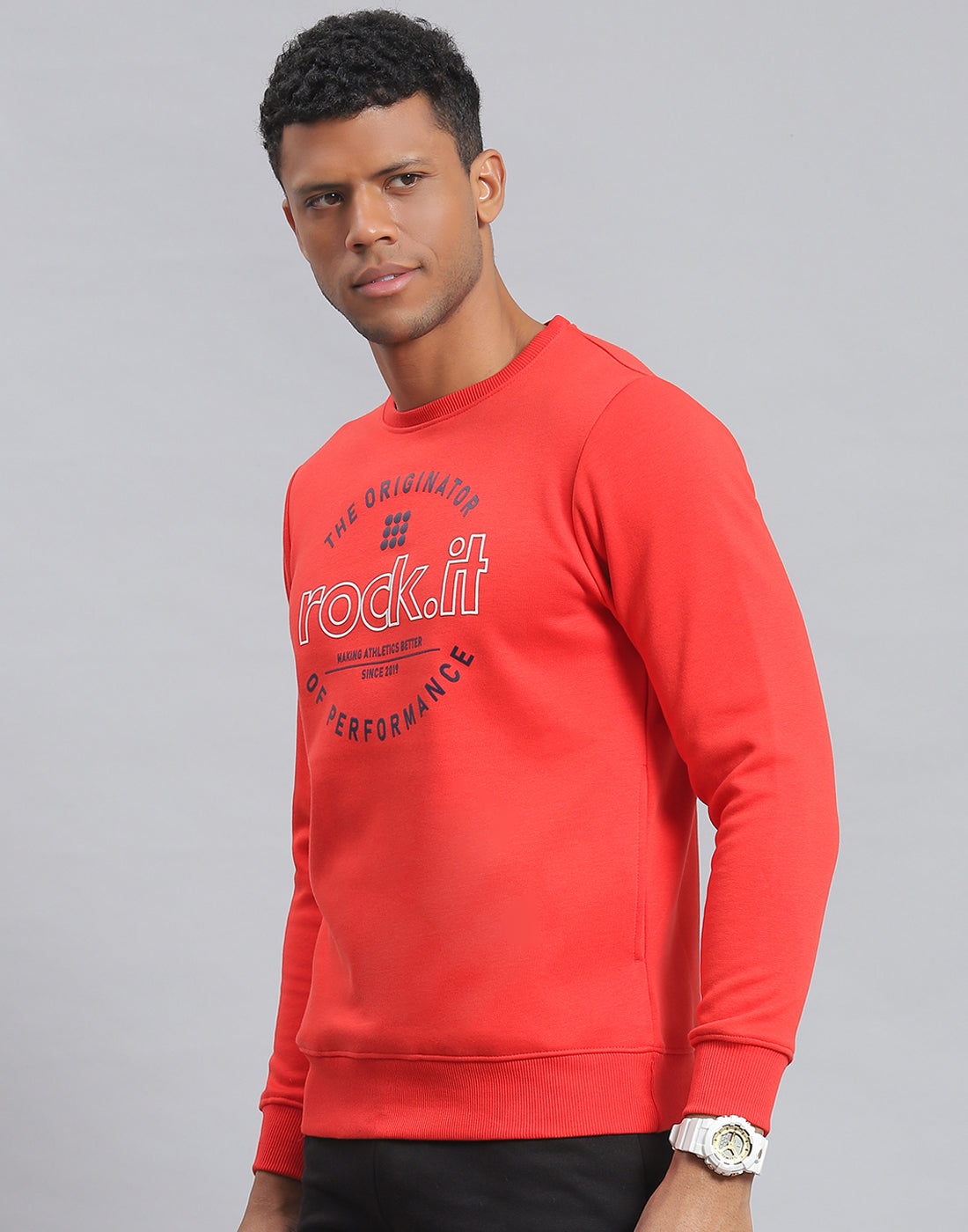 Rock.it Men Red Solid Round Neck Full Sleeve Sweatshirt