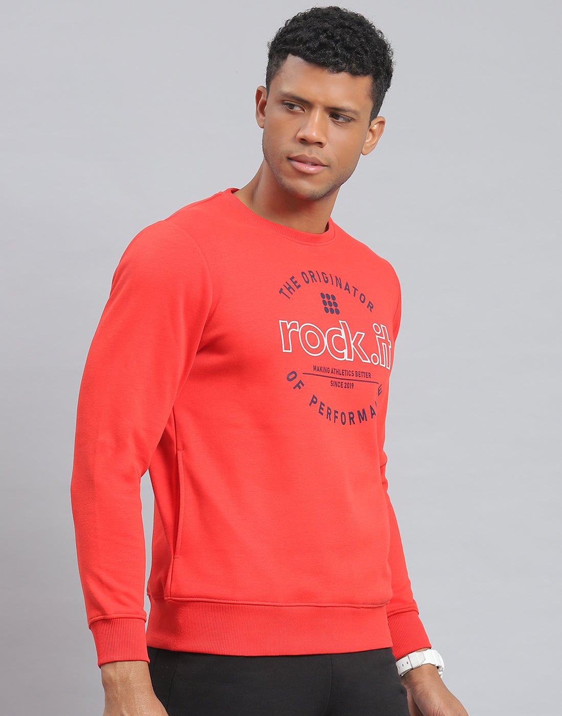Rock.it Men Red Solid Round Neck Full Sleeve Sweatshirt