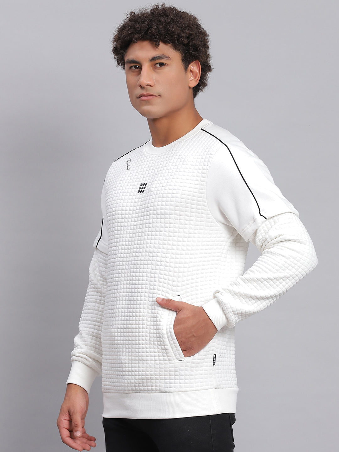 Rock.it Men White Self Design Round Neck Full Sleeve Sweatshirt