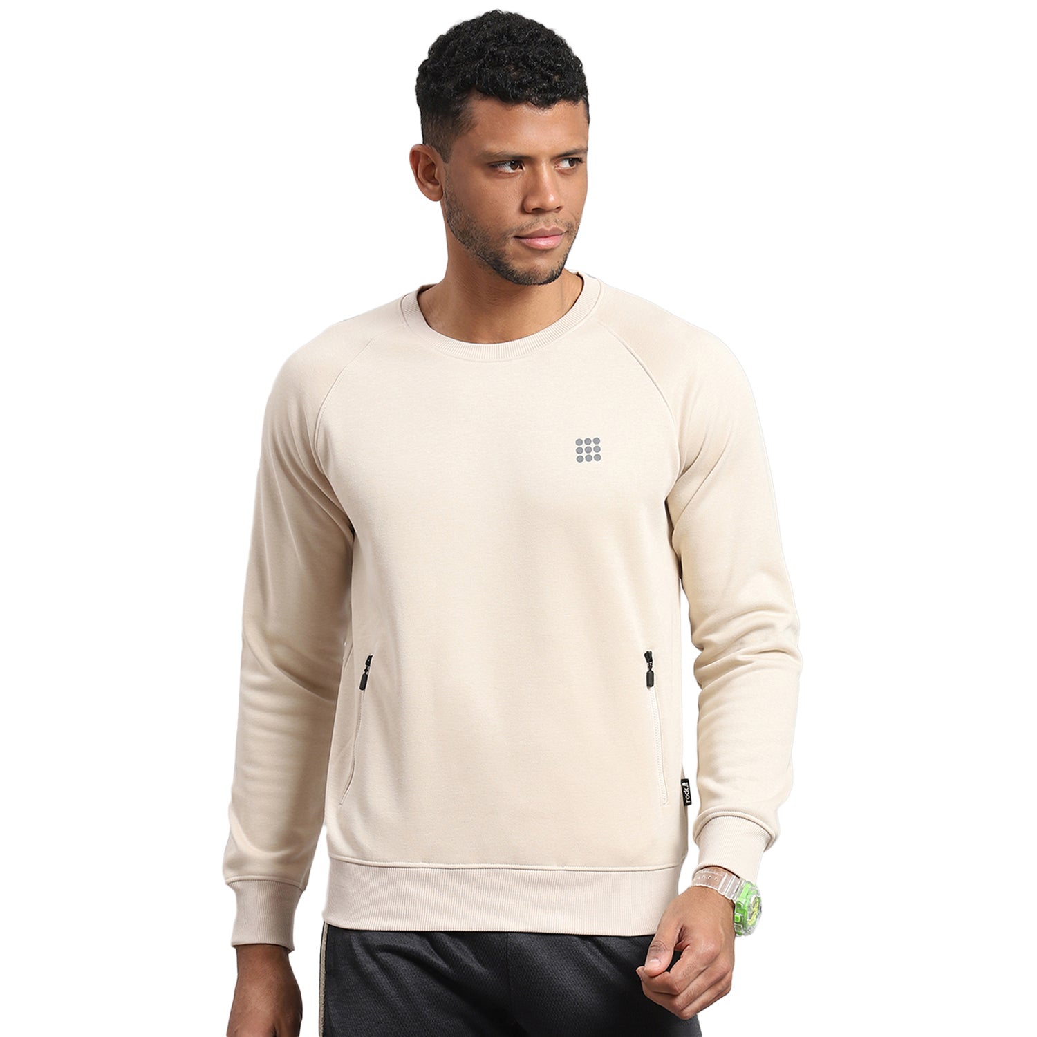 Rock.it Men Cream Solid Round Neck Full Sleeve Sweatshirt