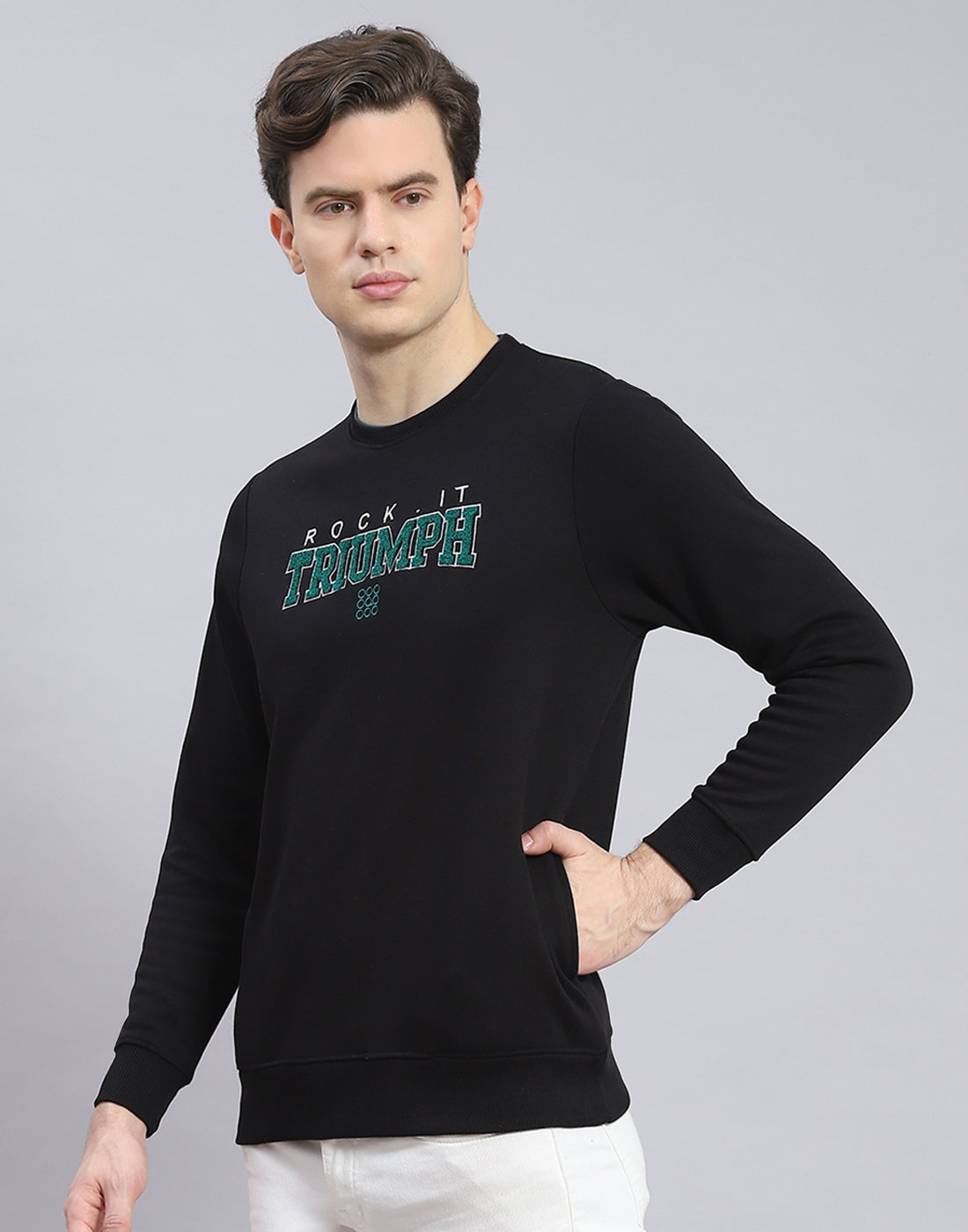 Rock.it Men Black Solid Round Neck Full Sleeve Sweatshirt