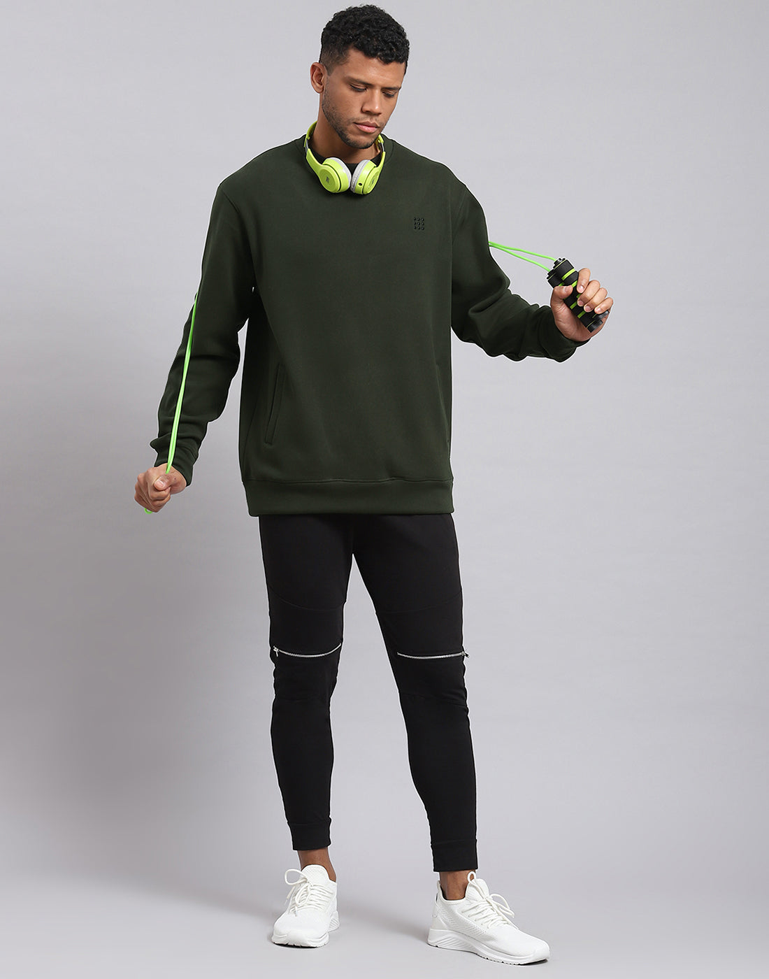 Rock.it Men Olive Solid Round Neck Full Sleeve Sweatshirt