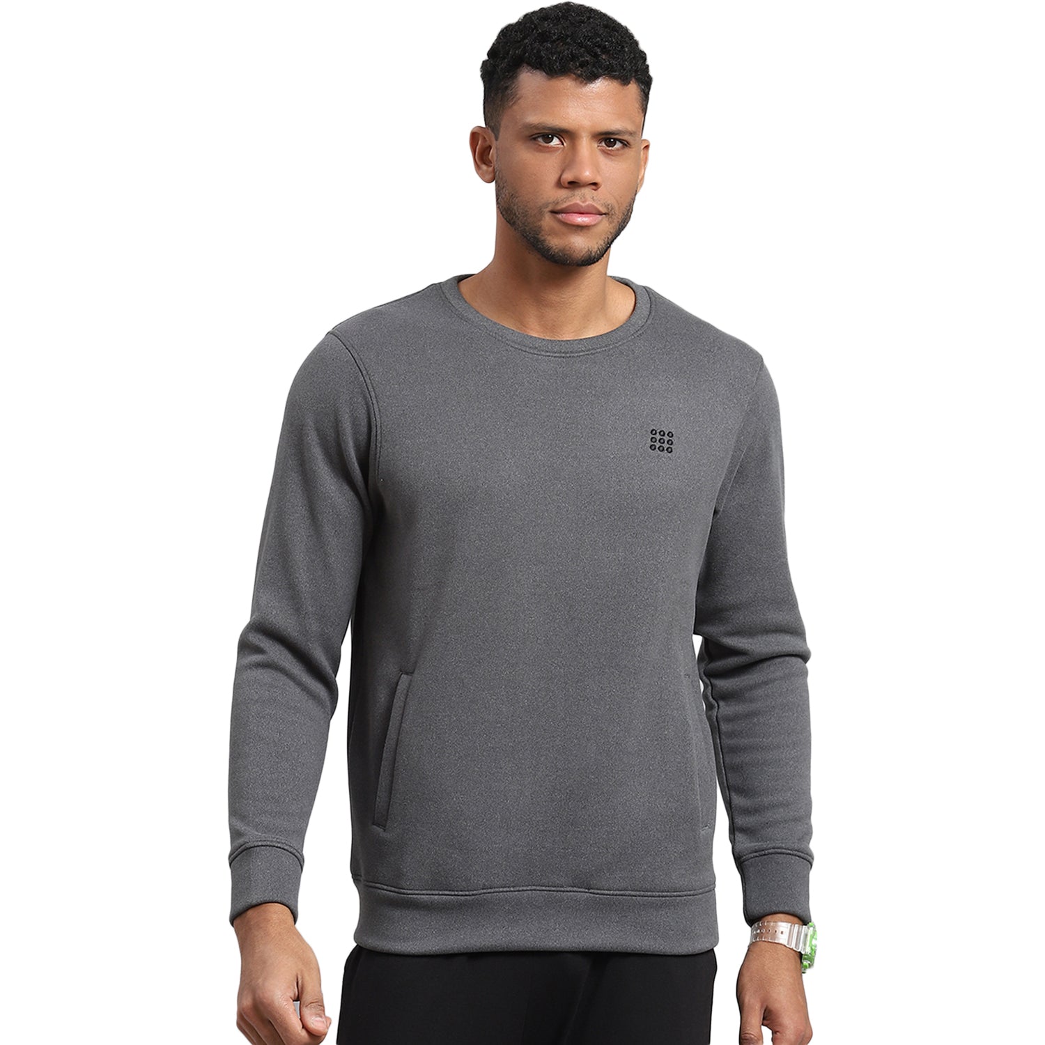 Men Grey Solid Round Neck Full Sleeve Sweatshirt
