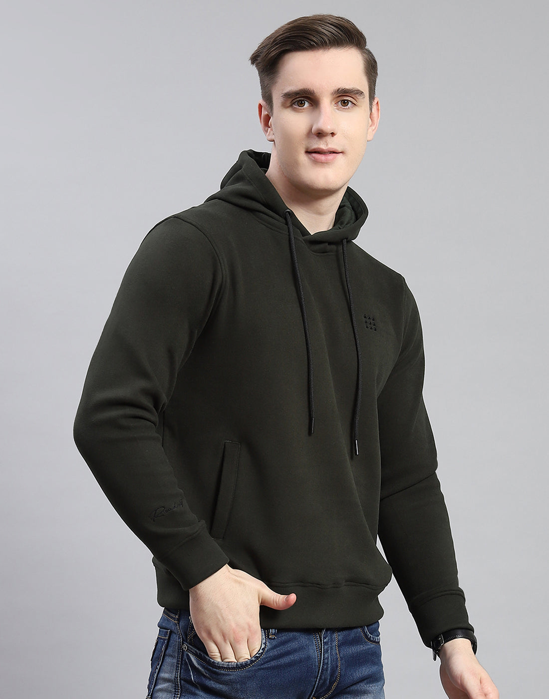 Rock.it Men Olive Solid Hooded Full Sleeve Sweatshirt