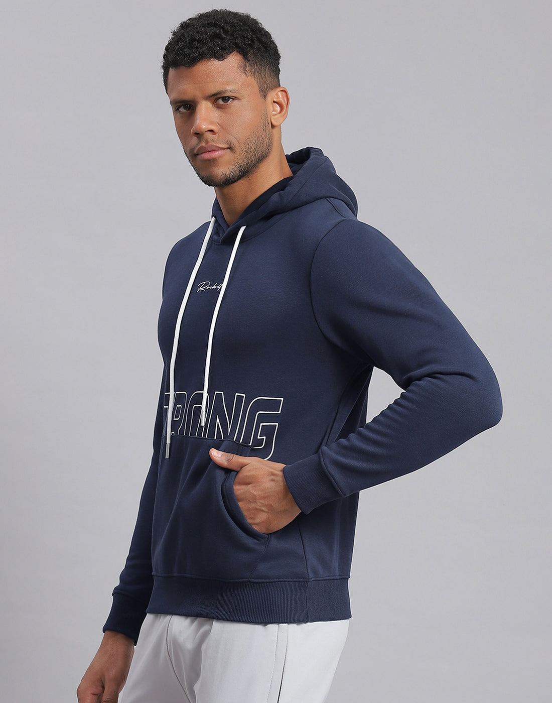 Rock.it Men Navy Blue Printed Hooded Full Sleeve Sweatshirt