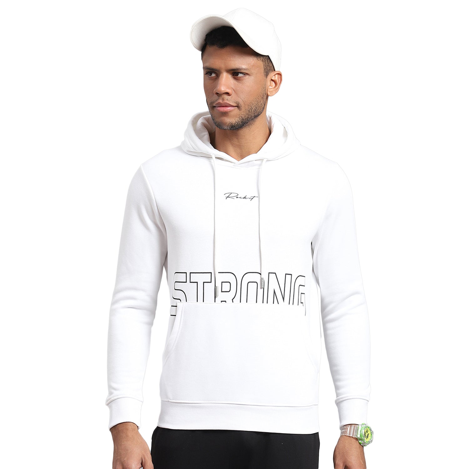 Rock.it Men White Printed Hooded Full Sleeve Sweatshirt