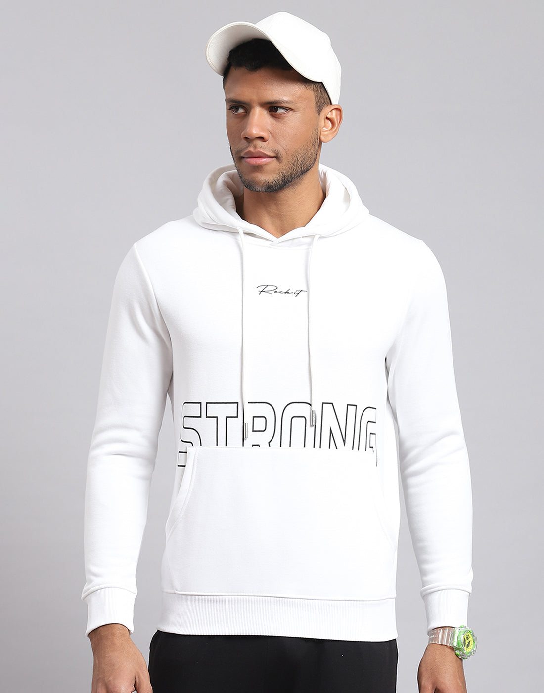 Rock.it Men White Printed Hooded Full Sleeve Sweatshirt