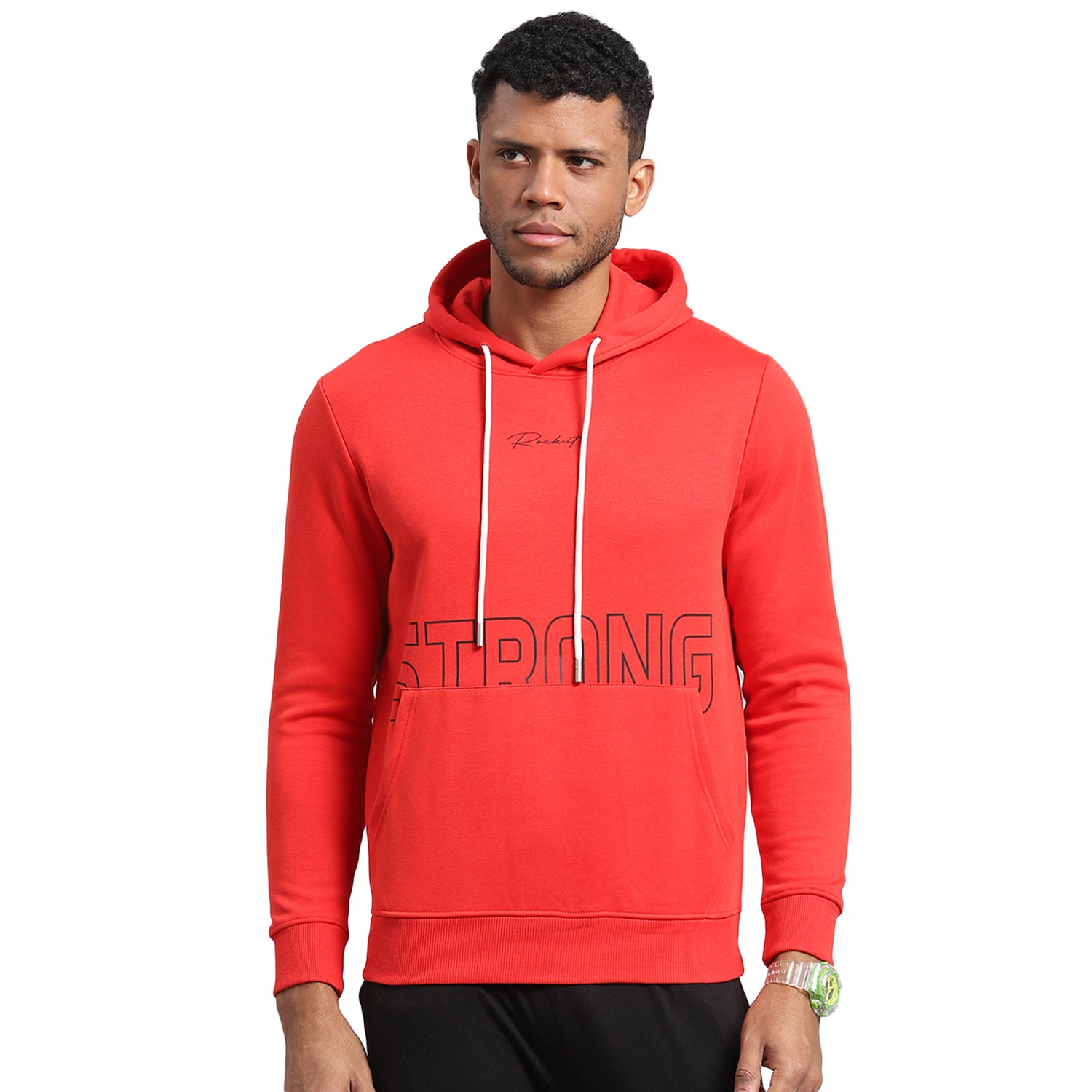 Men Red Printed Hooded Full Sleeve Sweatshirt
