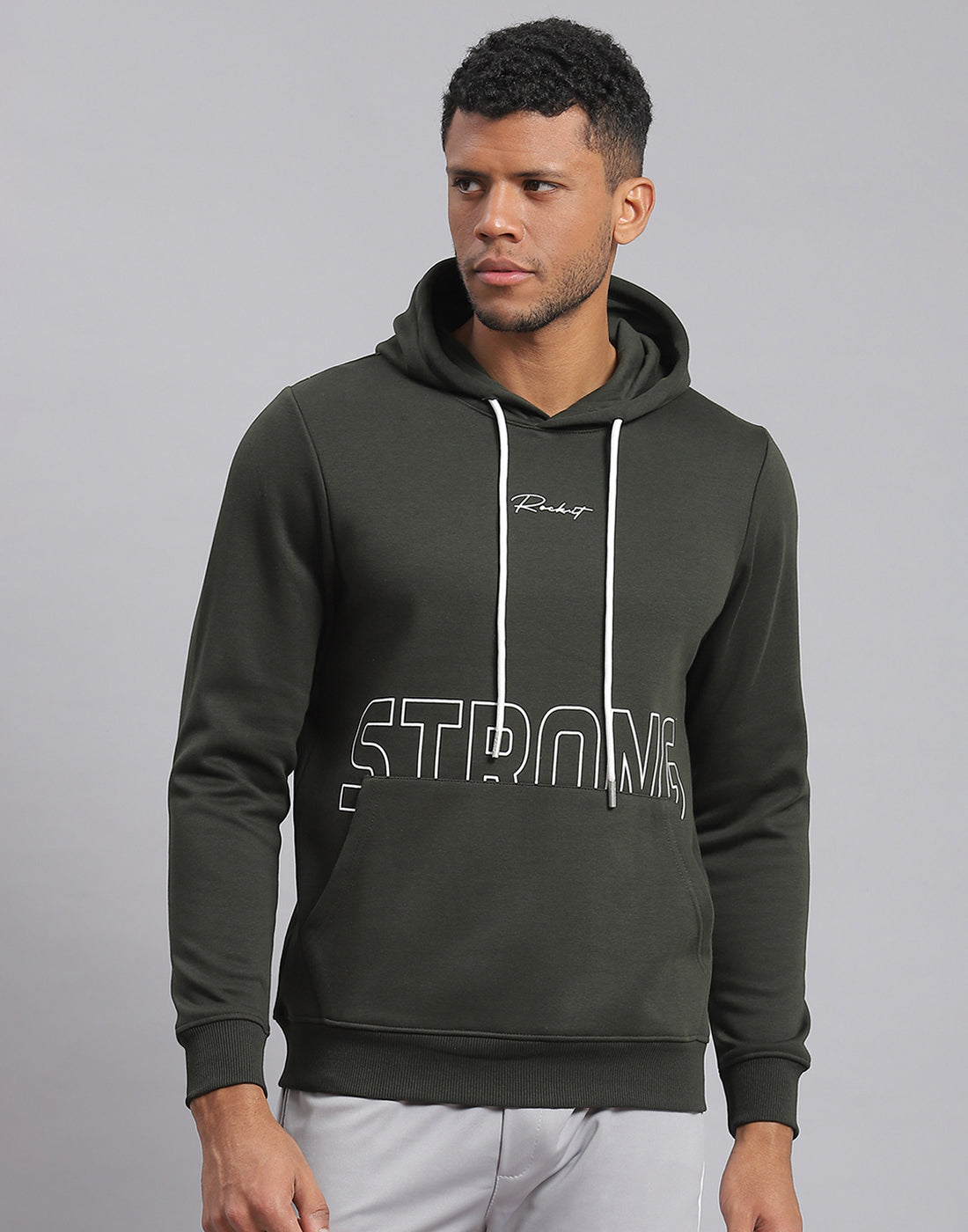 Rock.it Men Olive Printed Hooded Full Sleeve Sweatshirt