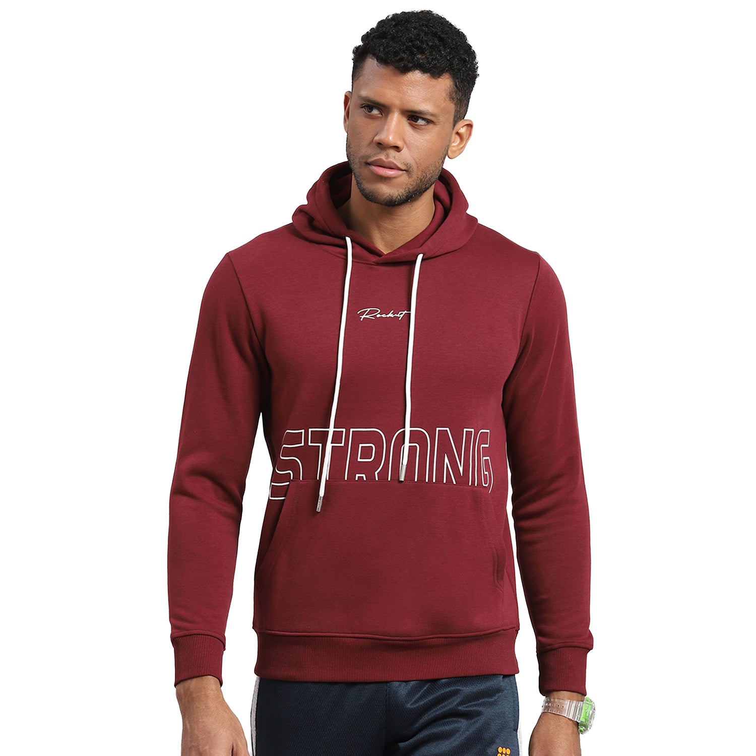 Rock.it Men Maroon Printed Hooded Full Sleeve Sweatshirt