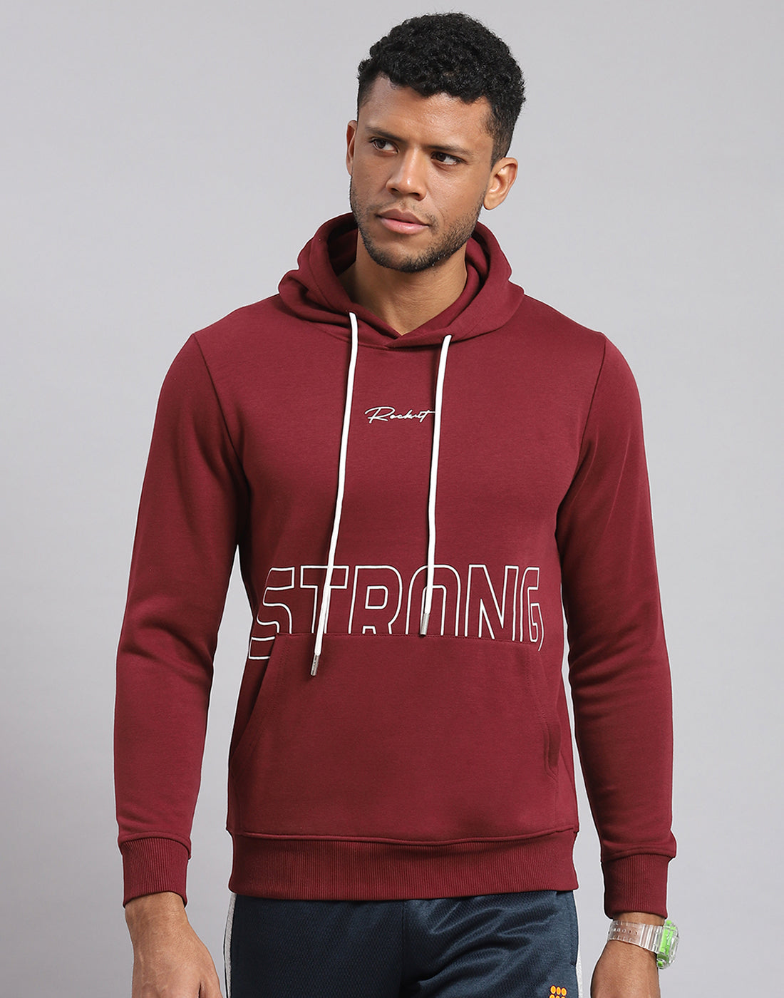 Rock.it Men Maroon Printed Hooded Full Sleeve Sweatshirt