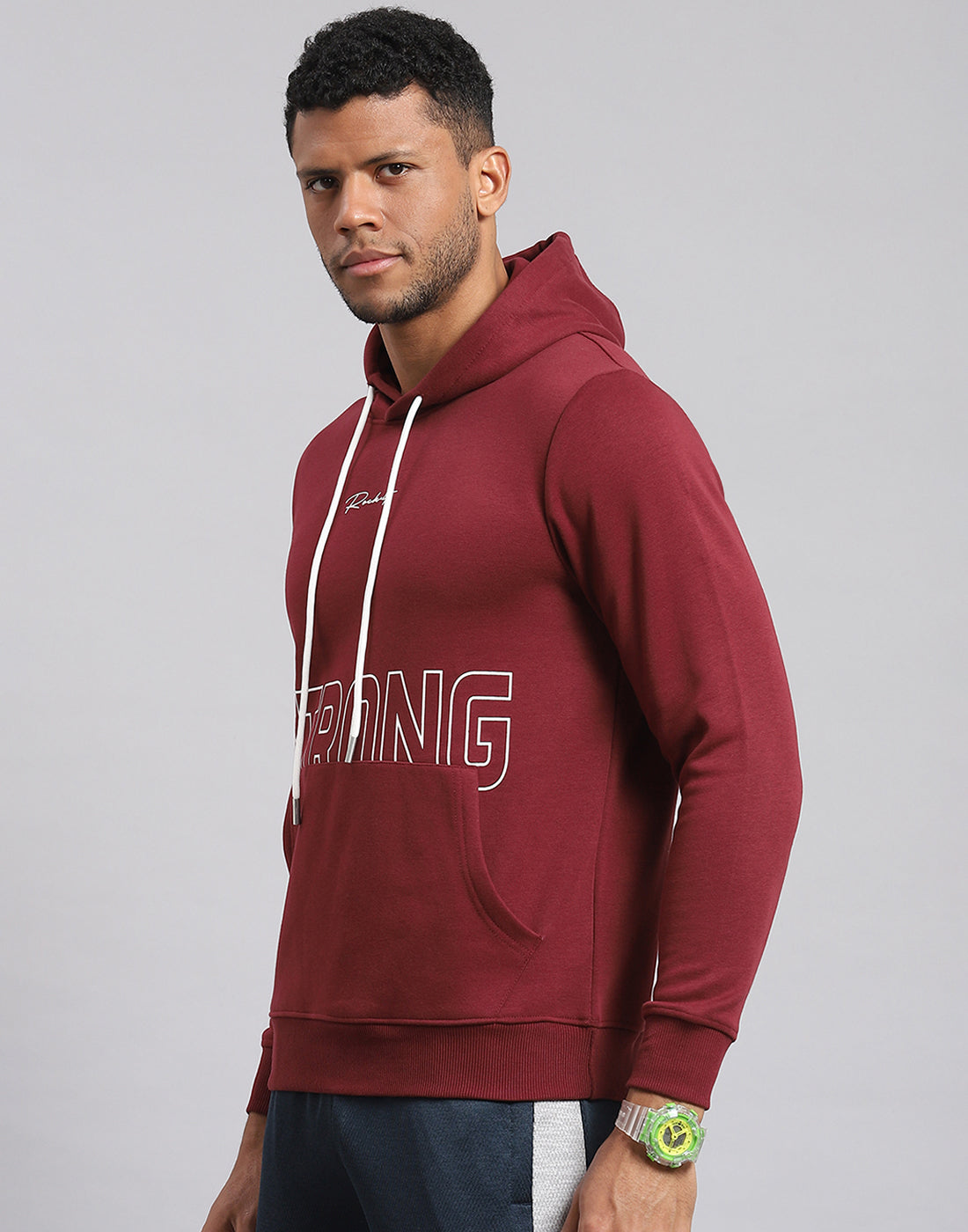 Rock.it Men Maroon Printed Hooded Full Sleeve Sweatshirt