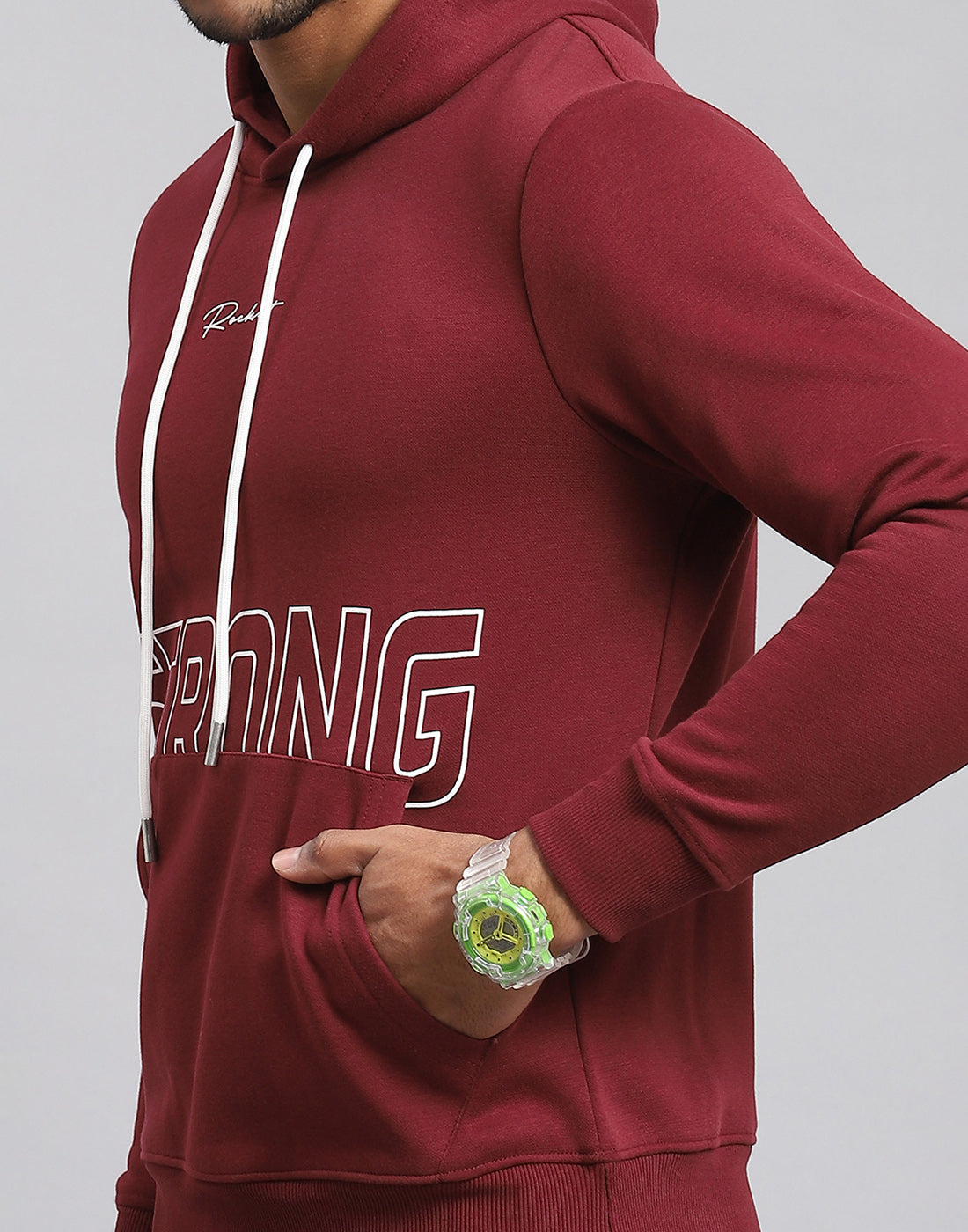 Rock.it Men Maroon Printed Hooded Full Sleeve Sweatshirt