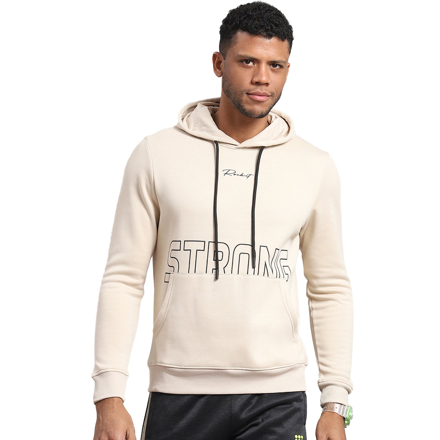 Rock.it Men Cream Printed Hooded Full Sleeve Sweatshirt