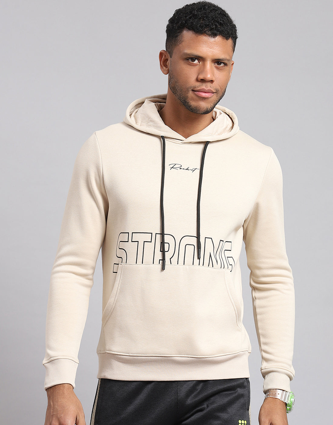Rock.it Men Cream Printed Hooded Full Sleeve Sweatshirt