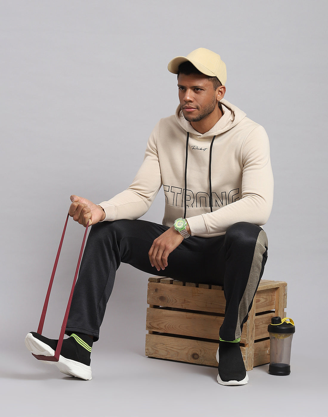 Rock.it Men Cream Printed Hooded Full Sleeve Sweatshirt