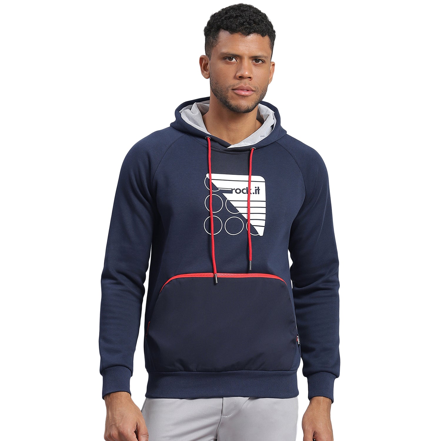 Rock.it Men Navy Blue Printed Hooded Full Sleeve Sweatshirt