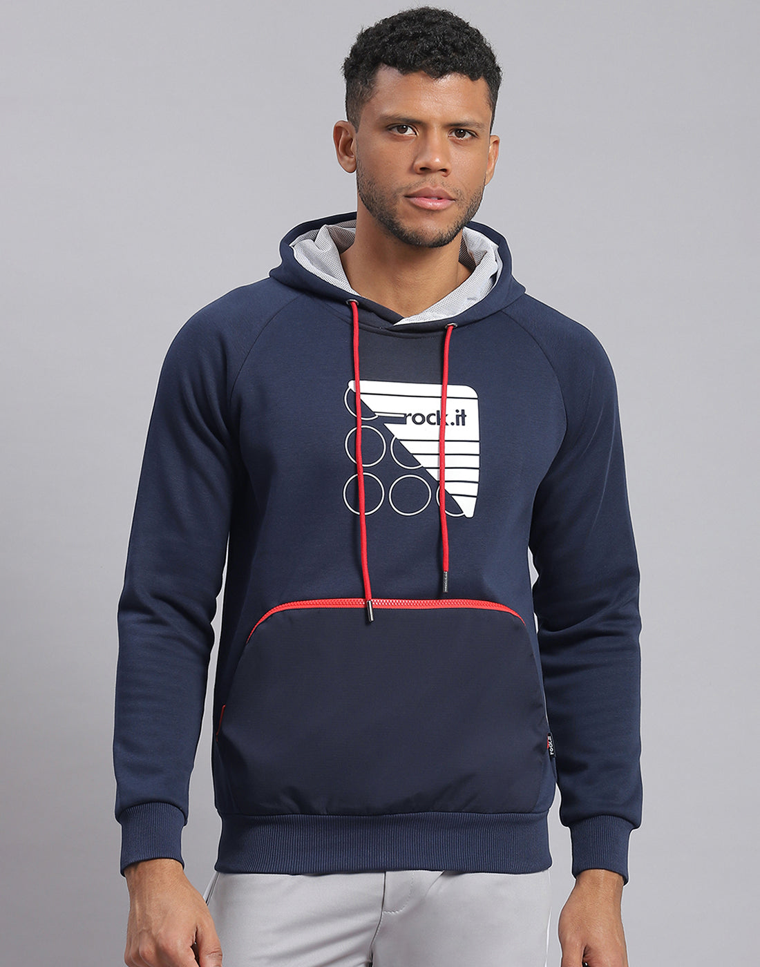 Rock.it Men Navy Blue Printed Hooded Full Sleeve Sweatshirt