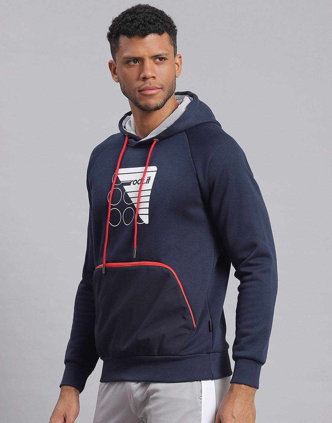 Rock.it Men Navy Blue Printed Hooded Full Sleeve Sweatshirt
