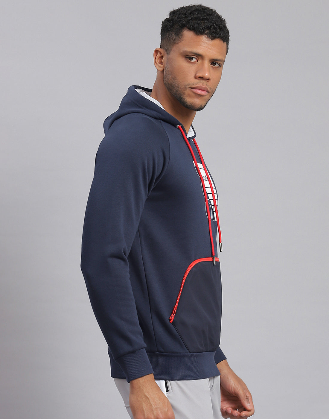 Rock.it Men Navy Blue Printed Hooded Full Sleeve Sweatshirt
