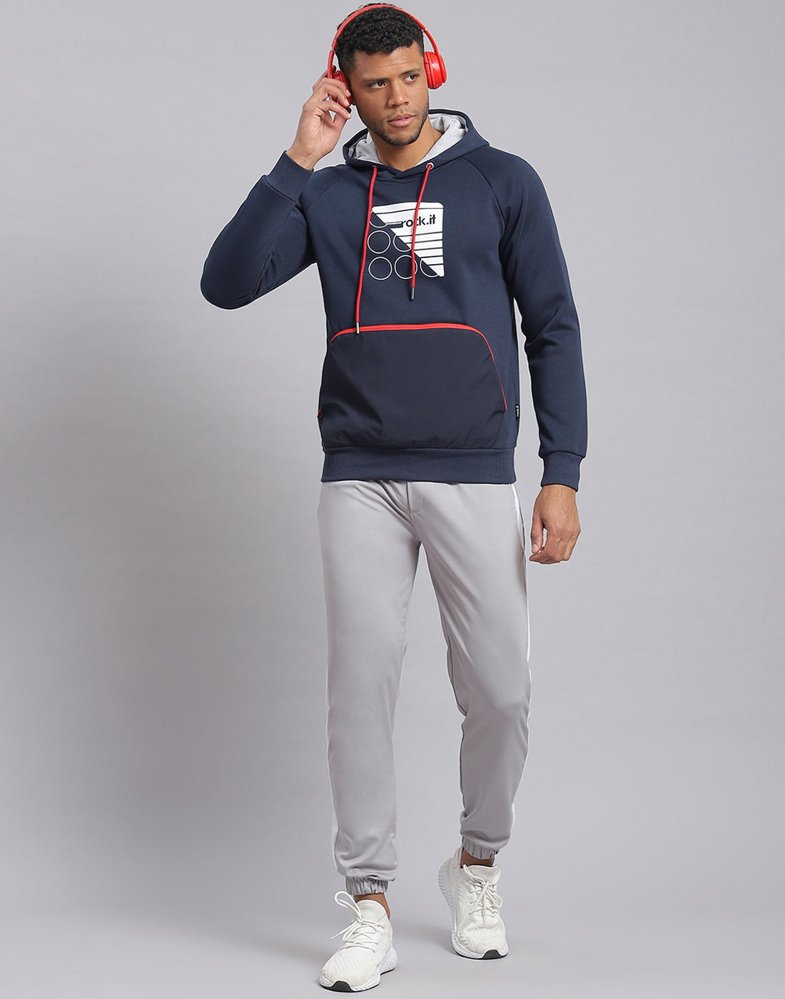 Rock.it Men Navy Blue Printed Hooded Full Sleeve Sweatshirt