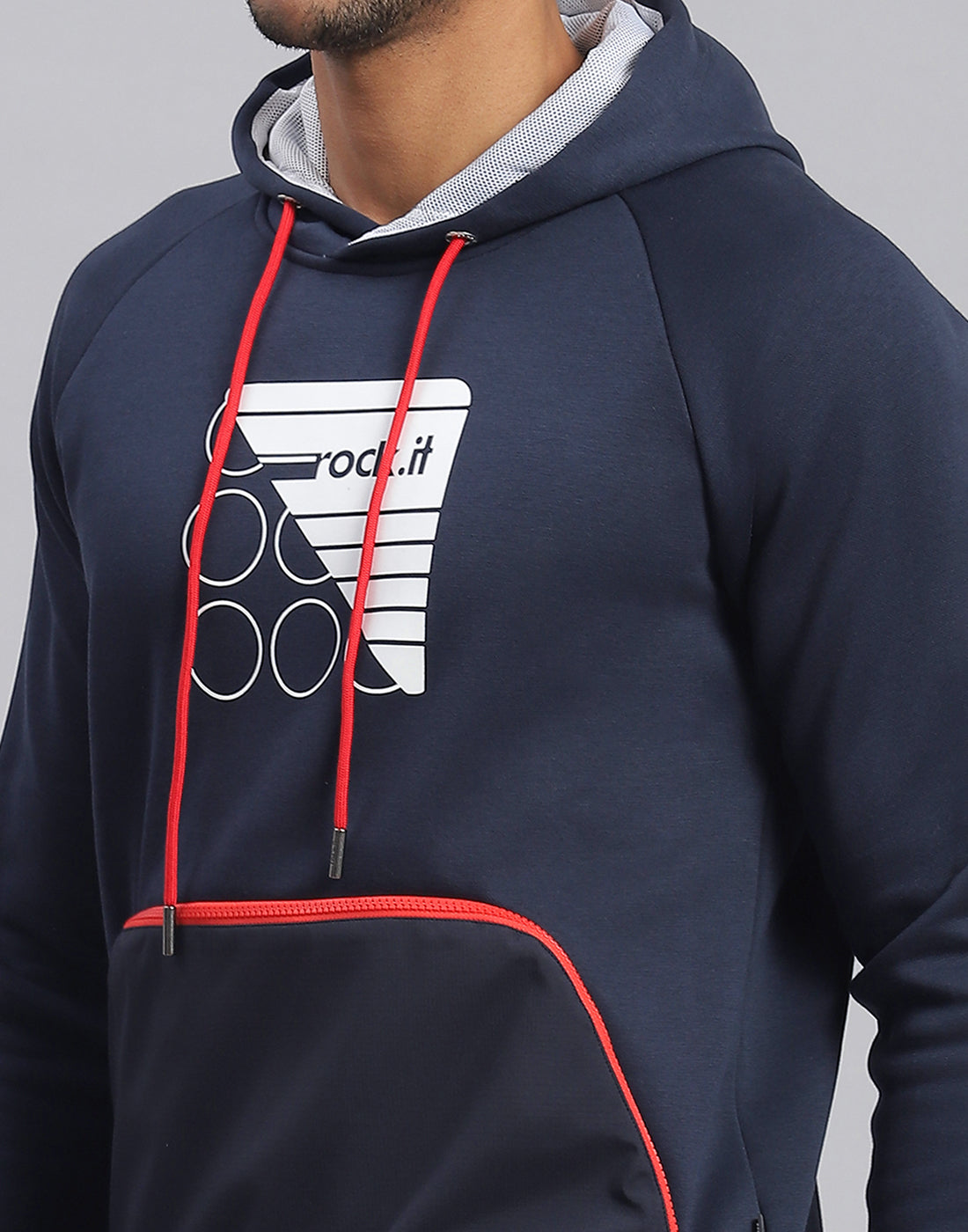 Rock.it Men Navy Blue Printed Hooded Full Sleeve Sweatshirt