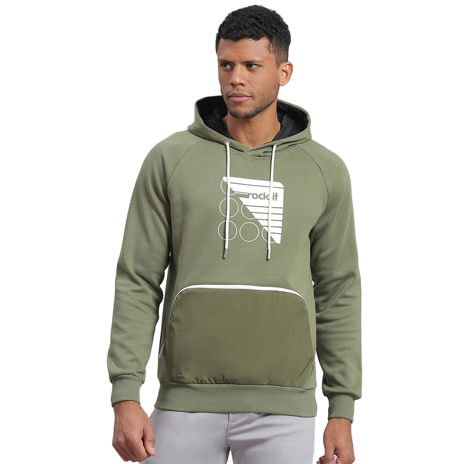 Rock.it Men Olive Printed Hooded Full Sleeve Sweatshirt