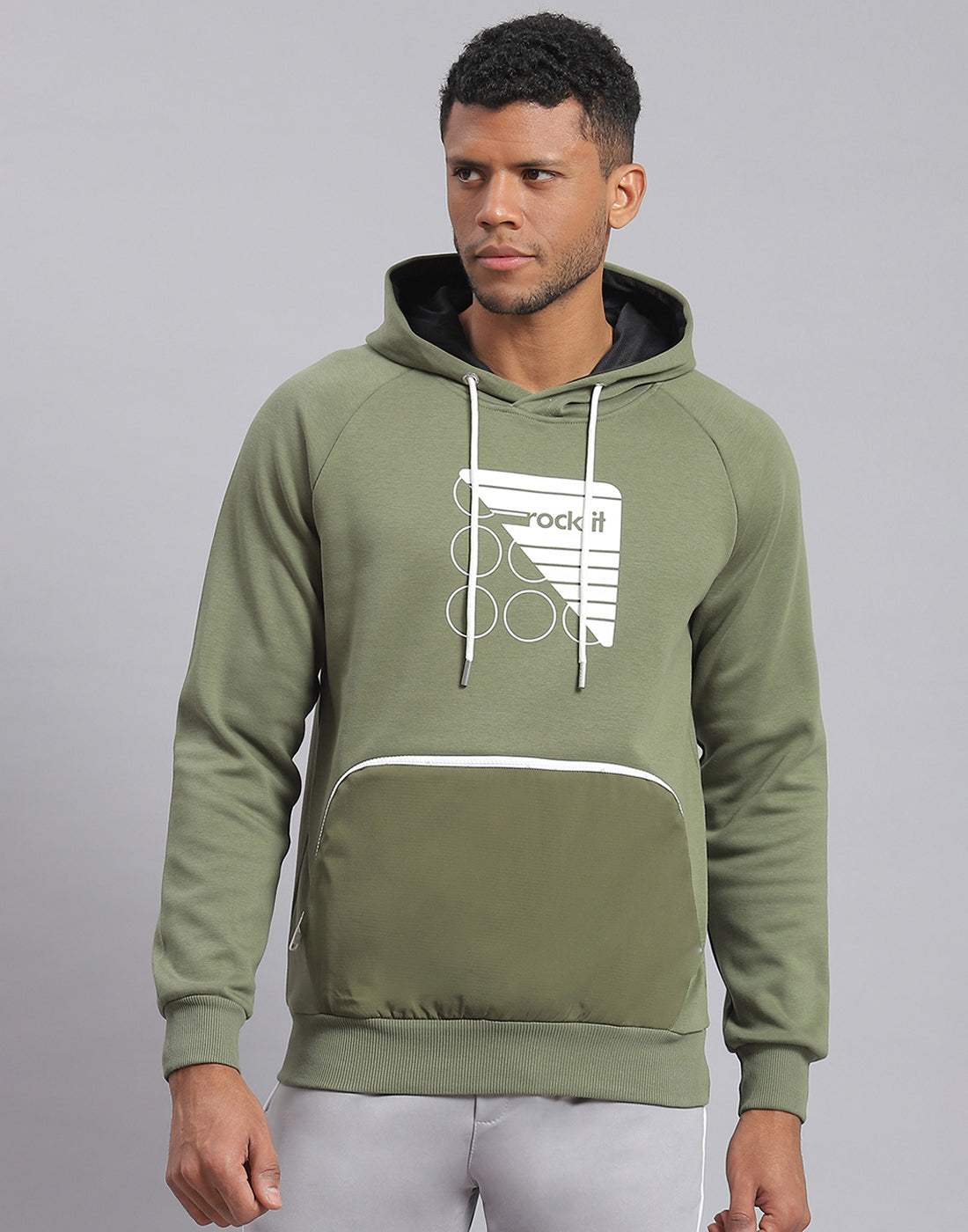 Rock.it Men Olive Printed Hooded Full Sleeve Sweatshirt
