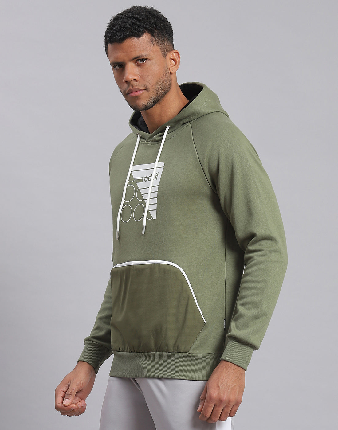 Rock.it Men Olive Printed Hooded Full Sleeve Sweatshirt