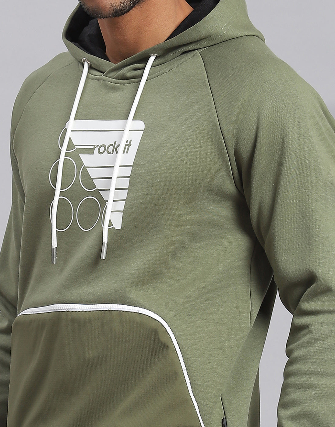 Rock.it Men Olive Printed Hooded Full Sleeve Sweatshirt