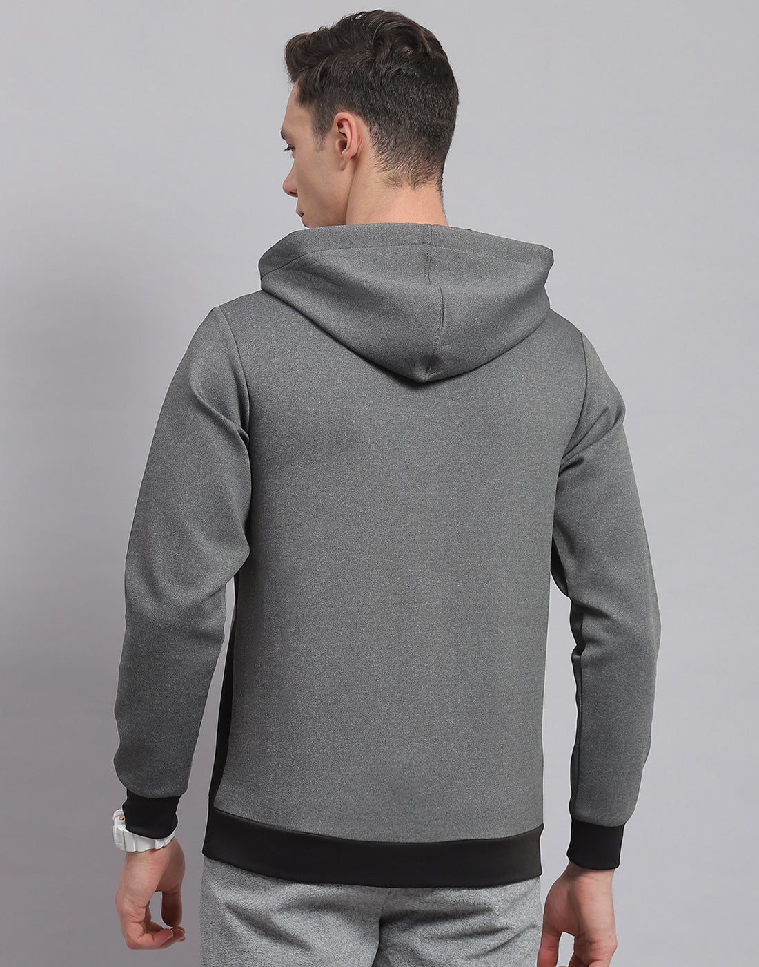 Men Grey Solid Hooded Full Sleeve Sweatshirt