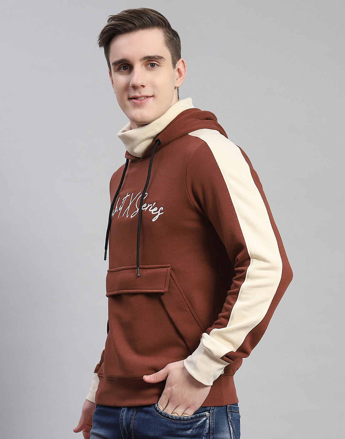 Rock.it Men Brown Solid Hooded Full Sleeve Sweatshirt