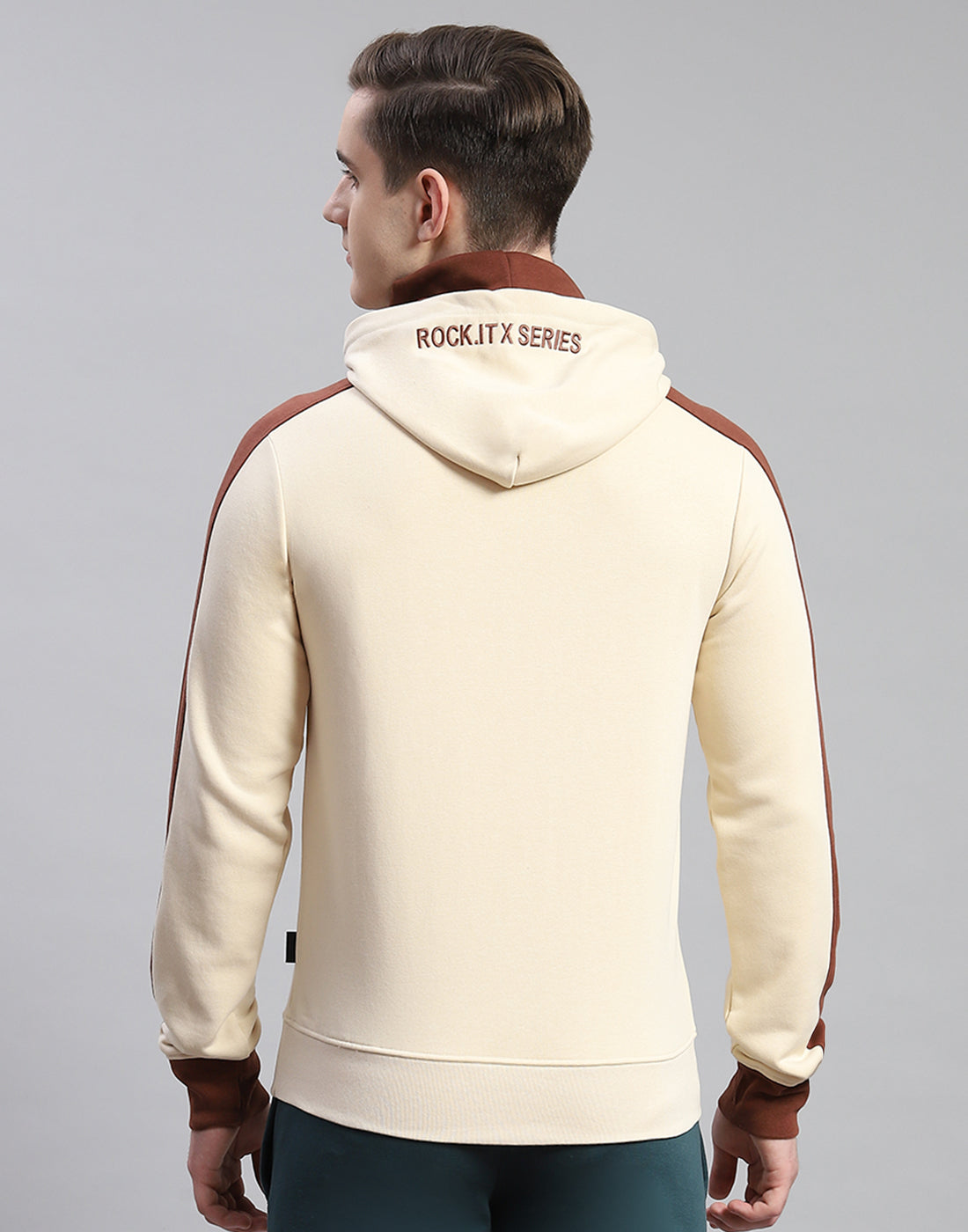 Rock.it Men Cream Solid Hooded Full Sleeve Sweatshirt