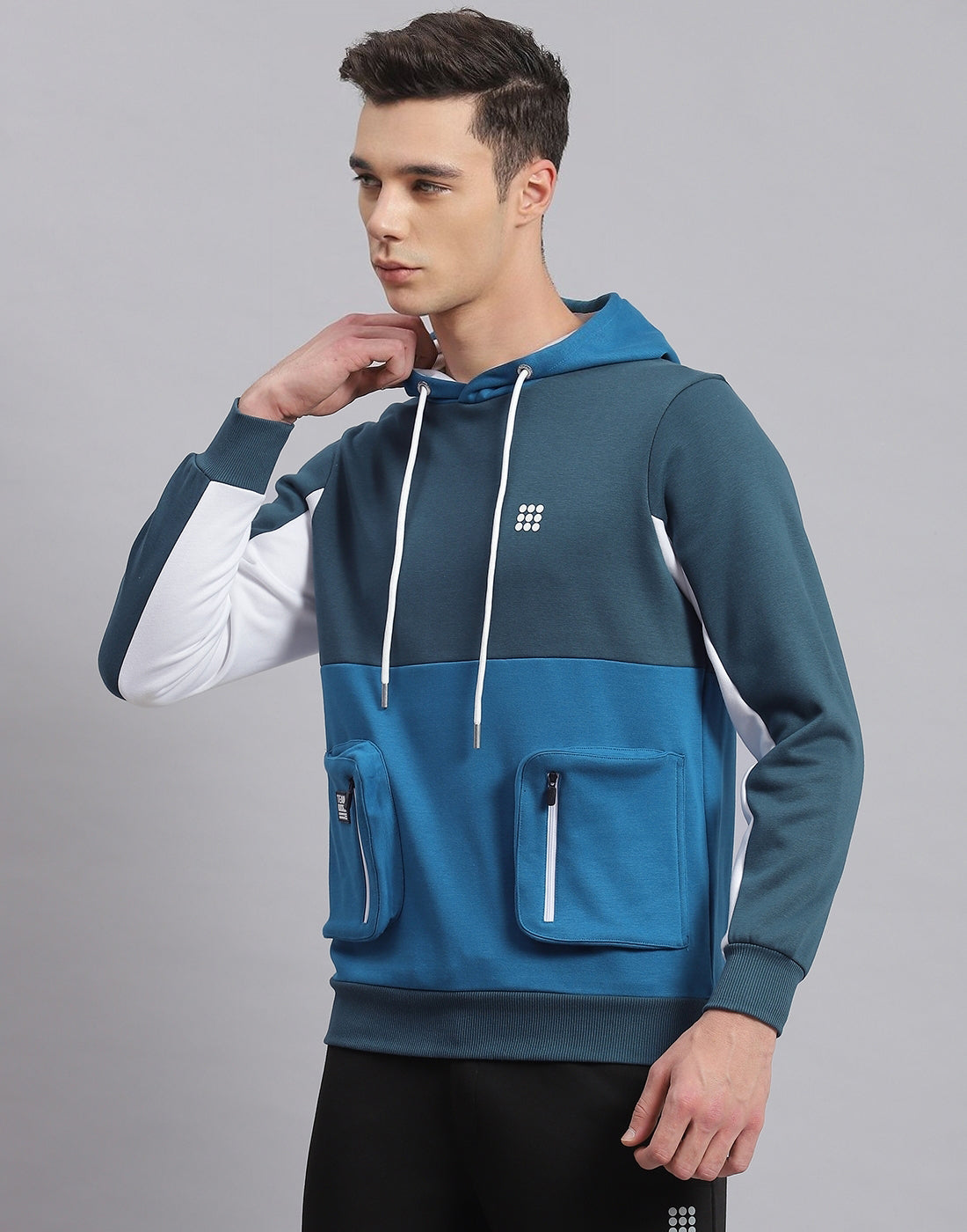 Rock.it Men Turquoise Blue Solid Hooded Full Sleeve Sweatshirt