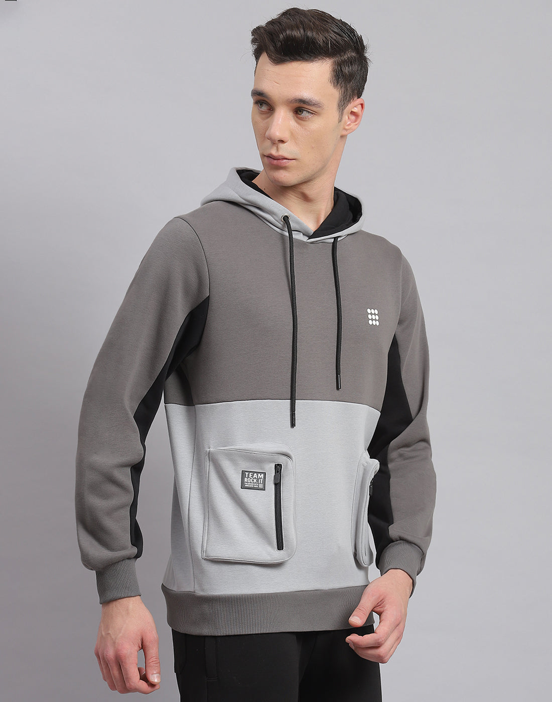 Rock.it Men Grey Solid Hooded Full Sleeve Sweatshirt